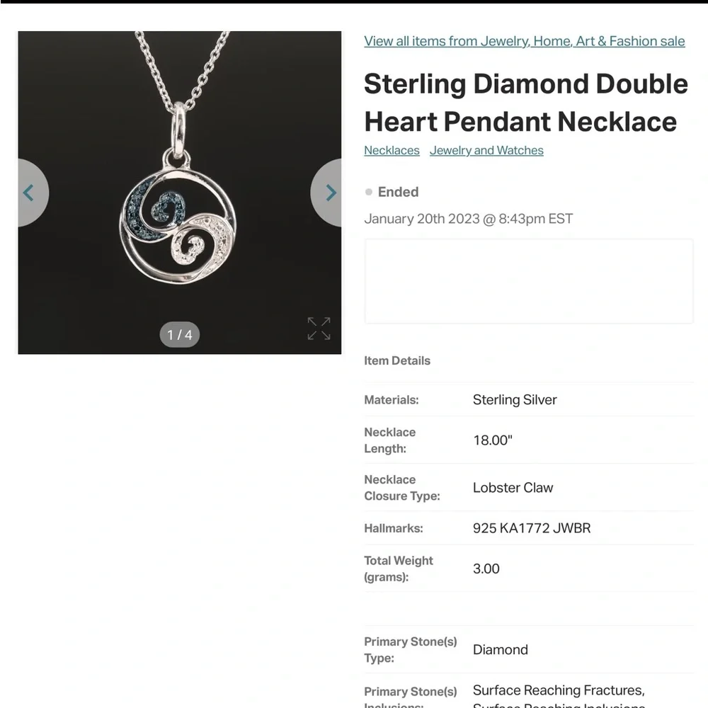 18” sterling necklace with double heart pendant in blue and white diamonds - Picture 2 of 6